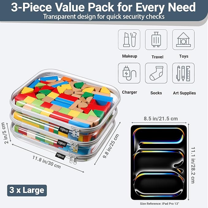YQBRAO 3-Pack Large Clear Hard Shell Zipper Case, 1.2mm Ultra-Thick Rigid Toy & Closet Organizer, Heavy-Duty Diaper Bag Pouch Set with YKK Zippers, Waterproof Travel Storage (Gray)