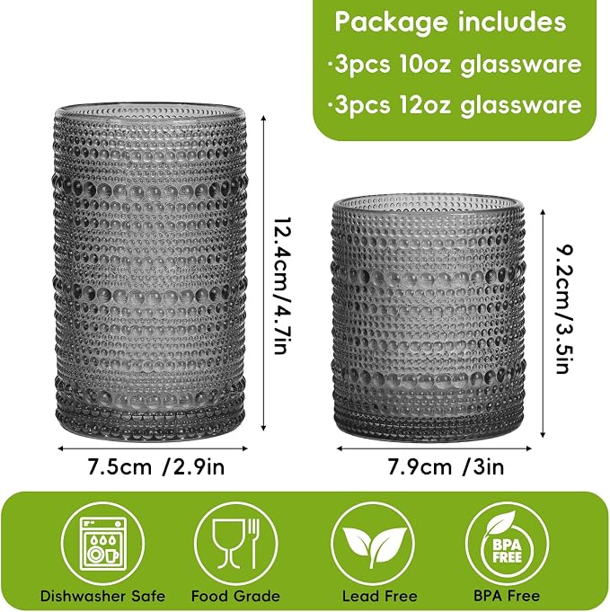 Moretoes Hobnail Drinking Glasses Set of 6, 12 Oz Highball Glasses & 10 Oz Cocktail Glasses, Clear Embossed Boho Glass Cups Kitchen Bar Tumbler Glassware Set for Whiskey, Beer, Juice, Milk (Gray)
