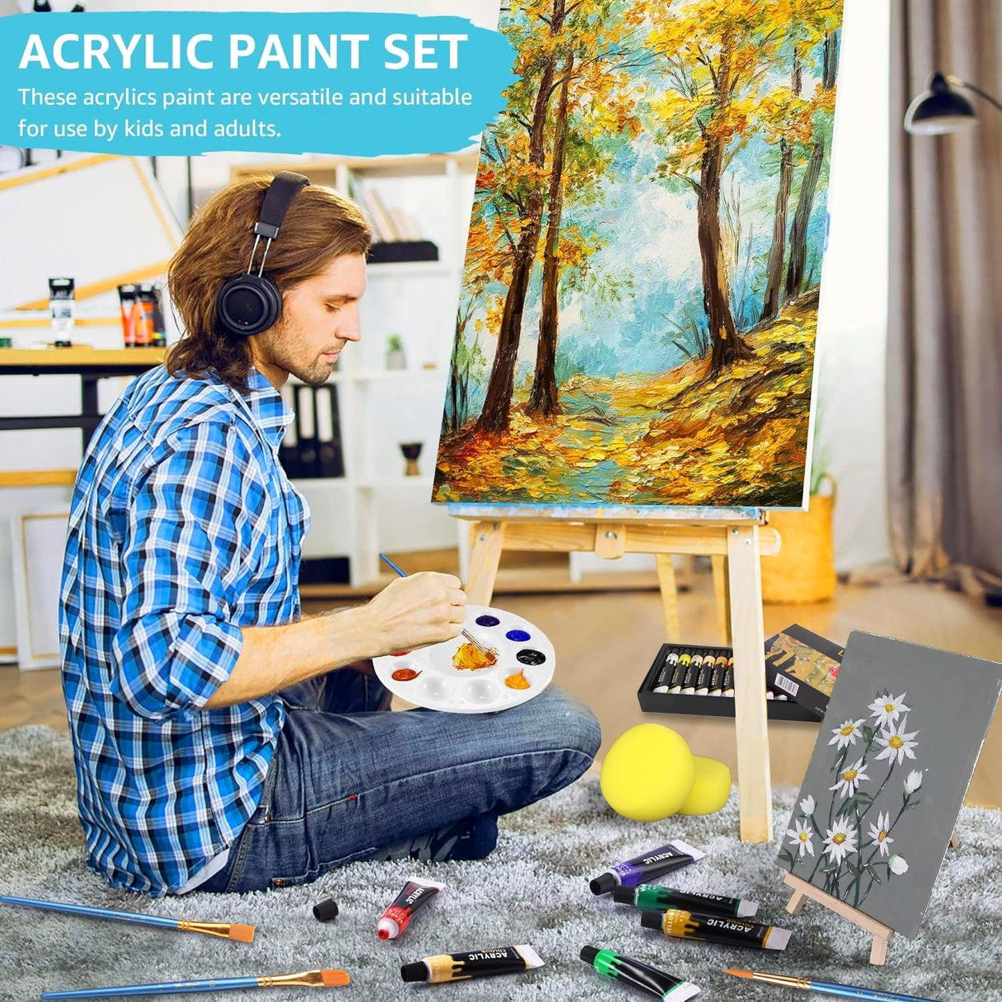 Colorful Acrylic Painting Kit - Paint Supplies Set with 24 Colors, 30 Brushes, 5 Canvases, 1 Pad, 2 Palette, 2 Sponge & 1 Wood Easel - Art Acrylic Paint Set for Beginners, Kids, Adults