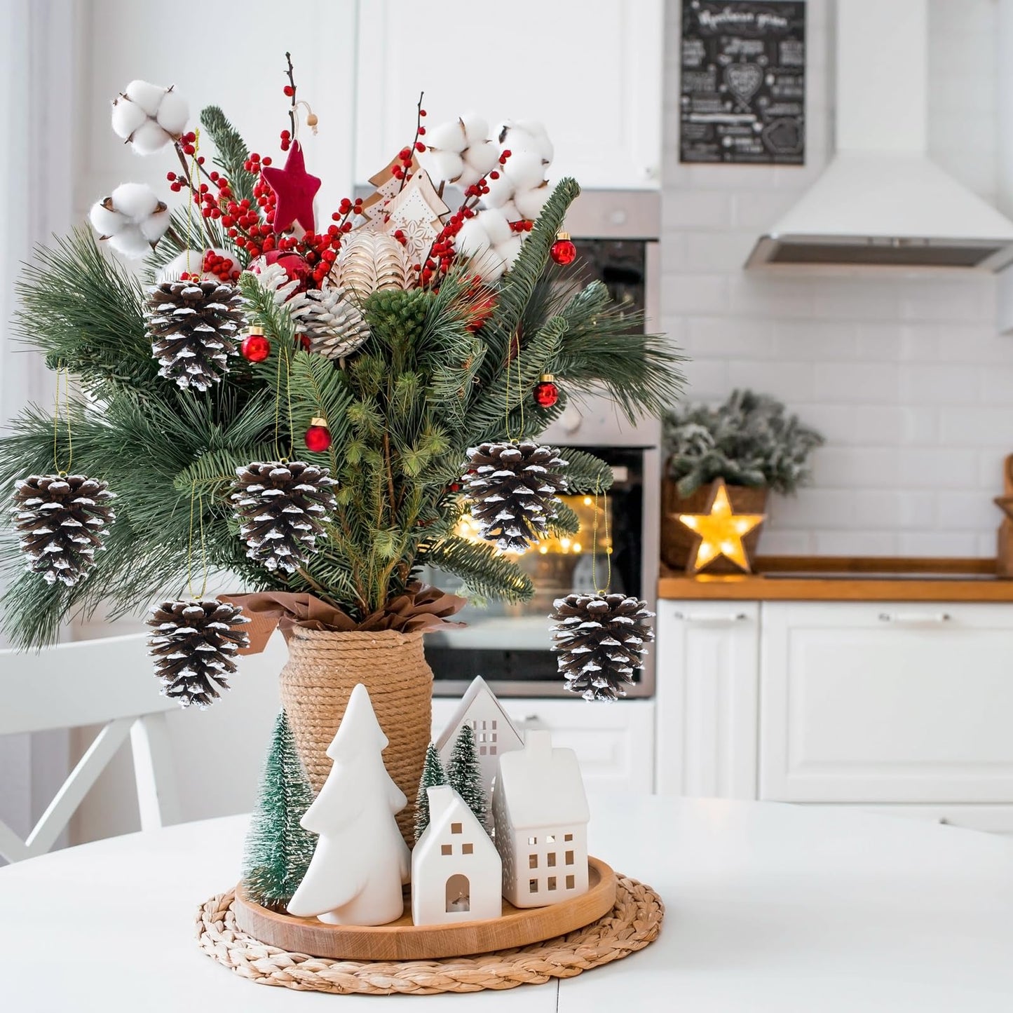 Winlyn 30 Pcs Frosted Pine Cone Ornaments White Natural Pinecone Hanging with String Pine Cones Christmas Tree Decorations for Winter Wedding Seasonal Wreath DIY Crafts Holiday Party Table Centerpiece