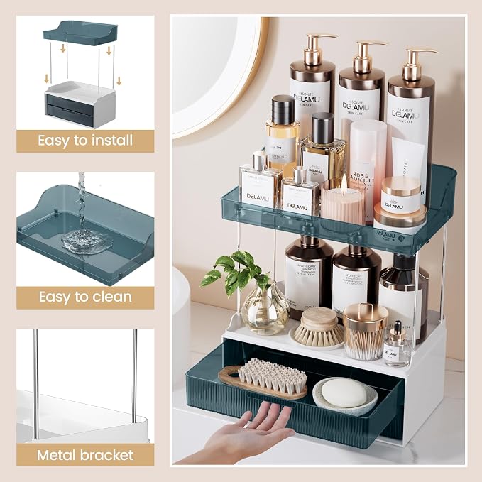 Delamu Bathroom Organizers and Storage, 2 Tier 2 Drawer Makeup Organizer Countertop, Easy to Install, Ideal for Bathroom Counter, Vanity, Blue
