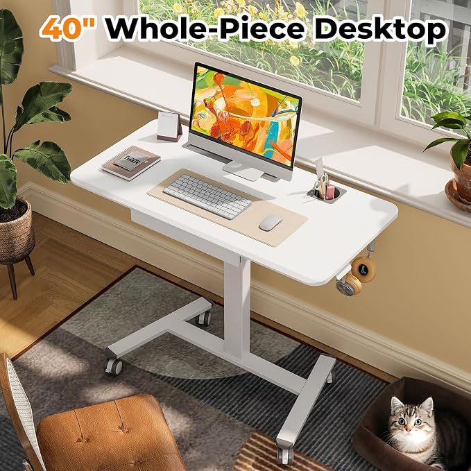 Mobile Standing Desk with Drawer, 40" Small Standing Desk with Cup Holder, Rolling Laptop Workstaion on Wheels, Height Adjustable Table with Storage for Home Office, White