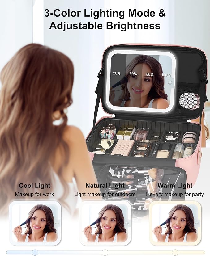 Relavel Travel Makeup Bag With LED Mirror, Portable Cosmetic Bag Organizer with Adjustable Brightness in 3 Color Scenarios, Professional Large Cosmetic Train Case with Shoulder Strap - Pink