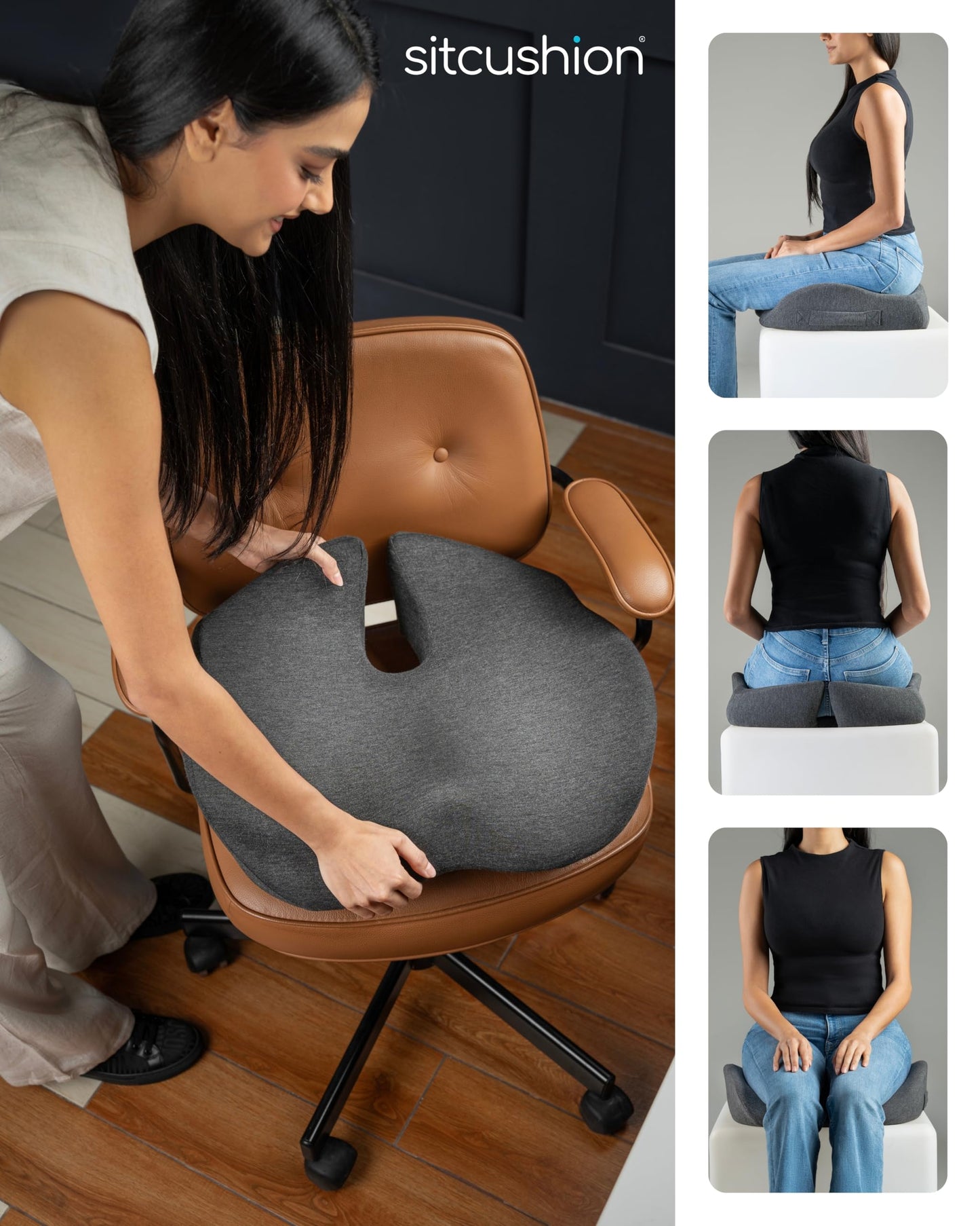 SitCushion Ergonomic Seat Cushion for Sciatica & Tailbone Pain Relief – Extra Large Memory Foam Office Chair Cushion for Long Sitting, Orthopedic Coccyx Cushion for Desk Chair, Car & Wheelchair(Black)