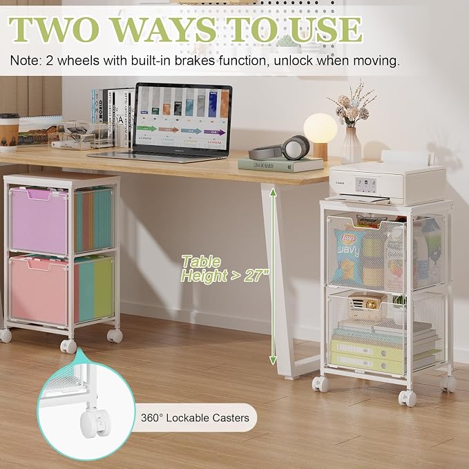 Rolling File Cart with 2 Storage Drawers,Under Desk Storage Cart,Hanging File Folder Organizer with Wheels, Filing Cabinet Mobile Printer Stand Utility Craft Cart for Home Office,White