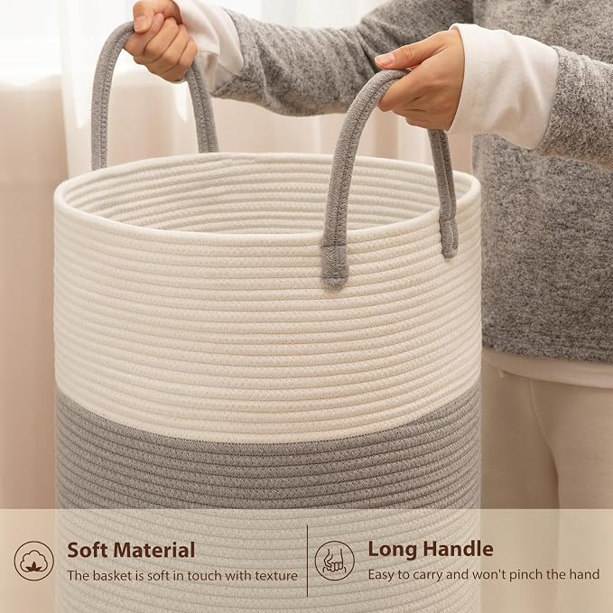 OIAHOMY Large Laundry Basket Hamper - 100L Cotton Rope Woven Basket for Blankets, Toys, Clothes - Tall Decorative Nursery Hamper with Long Handles, Grey/White