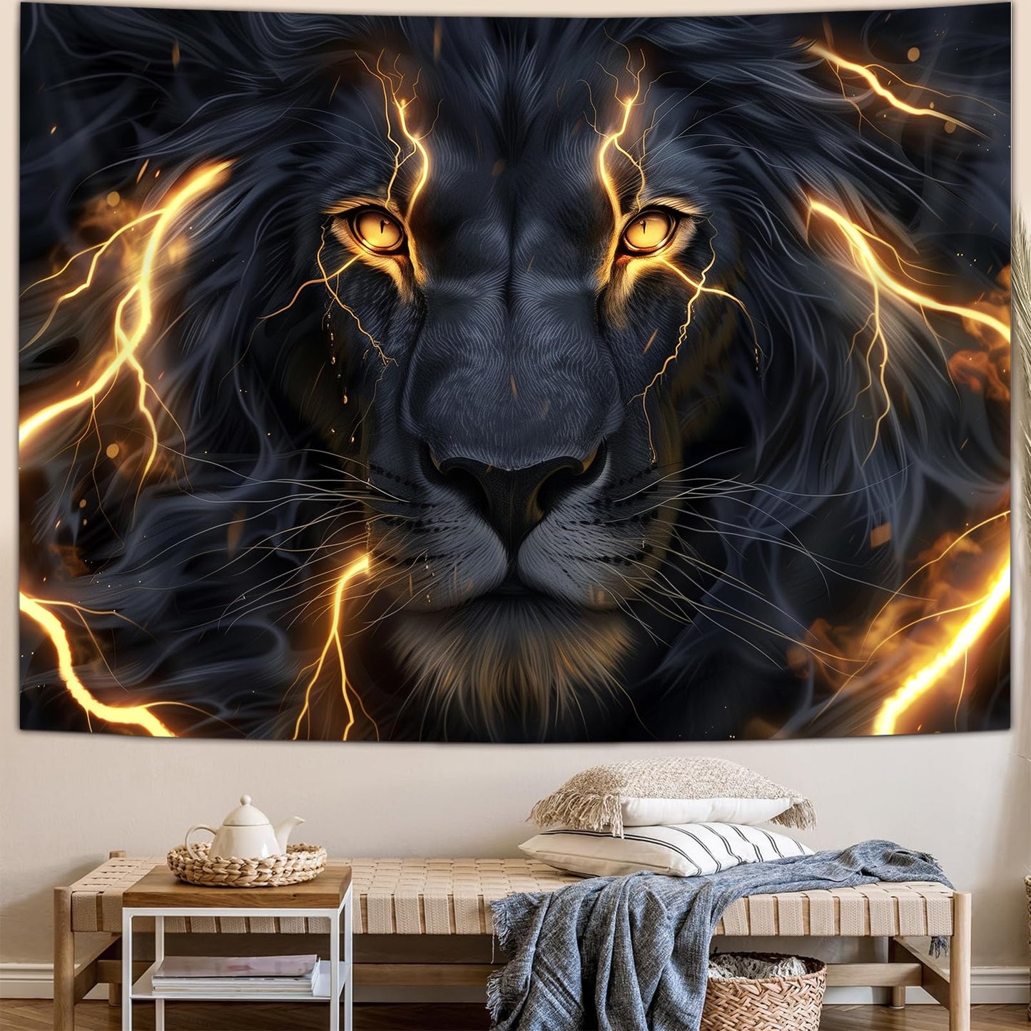 Sokdcam Cool Lion Tapestry Wall Hanging, Black and Gold African Lion Wild Animal Men Hippie Art Decor Tapestries, Wall Tapestries for living Room Bedroom Home Dormitory Decoration 60X40 Inch