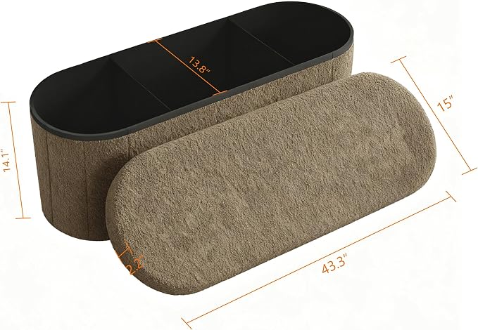 GLAXYFUR Oval Storage Ottoman Bench, Sherpa Foot Rest, 43 Inch Folding Chest for Living Room, Bedroom (Brown)