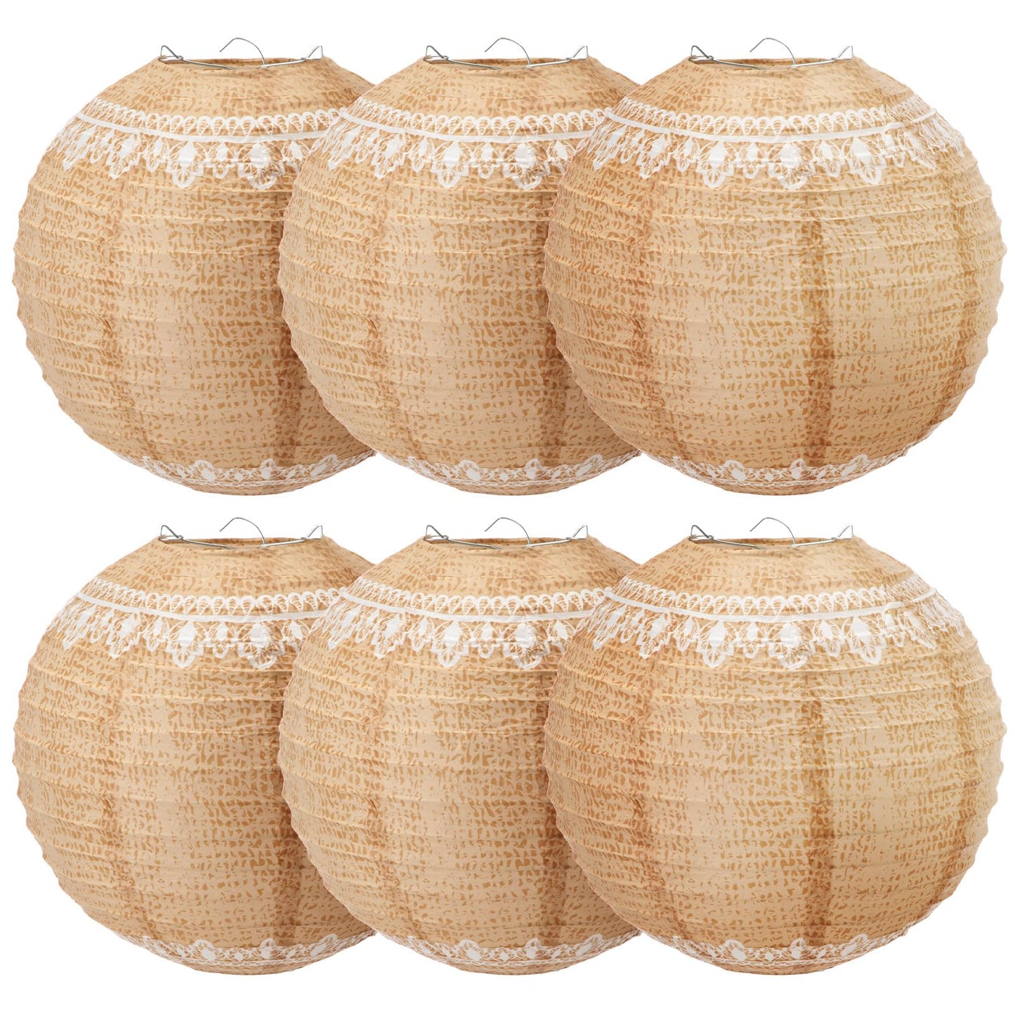 Glooglitter 6 Pcs Burlap Paper Lanterns Rustic Hanging Paper Lantern Decor for Weddings, Bridal Showers, Party Decorations, Boho Farmhouse Ceiling Decor, Indoor Outdoor Event DIY Hanging Lanterns