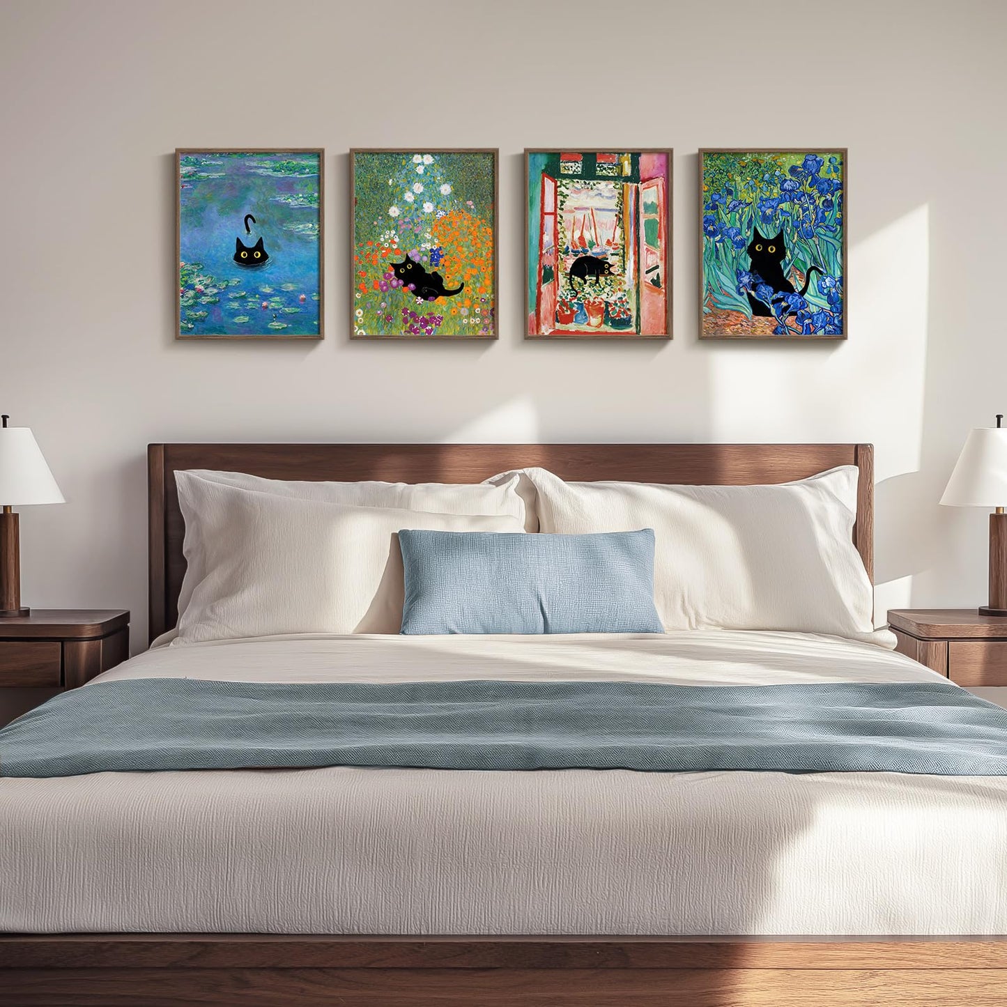 Framed Cat Bathroom Wall Art, 4 Piece Funny Cute Black Cat in Water Lilies Canvas Painting Prints Artwork, Garden Flowers Monet Cat Aesthetic Pictures for Bedroom Kitchen Living Room Home Decor, 11x14
