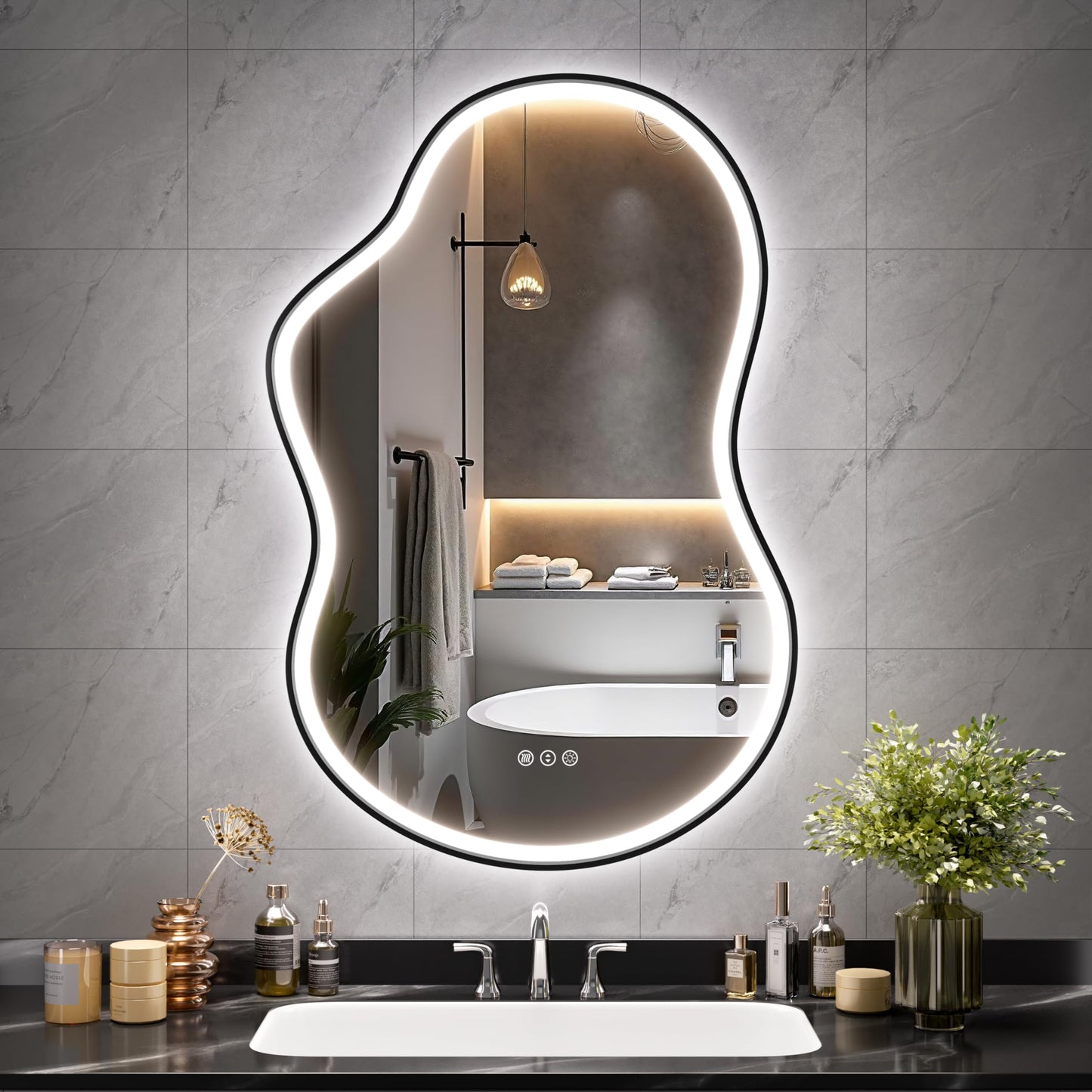 Hasipu Irregular Bathroom Mirror with Lights - 24"x35" LED Asymmetrical Wall Mirror, Abstract Modern Lighted Vanity Mirror for Wall, Anit-Fog, Dimmable, Memory, Vertical/Horizontal (Black