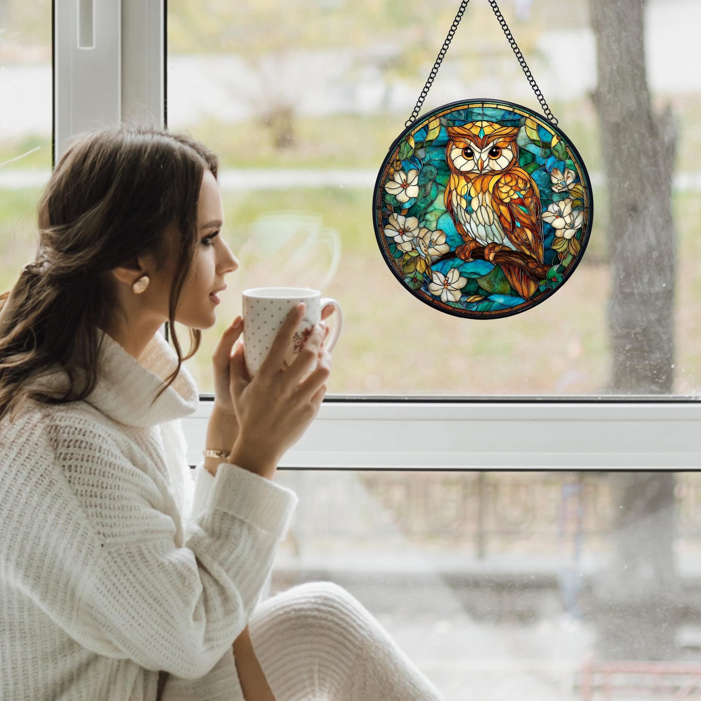 Yjeslw Owl Bird Stained Glass Window Hanging Suncatchers, Owl Flower Sun Catchers Indoor Window Glass Wall Art Decor, Bird Wall Hanging Decorations Sculptures, 7.9x7.9in