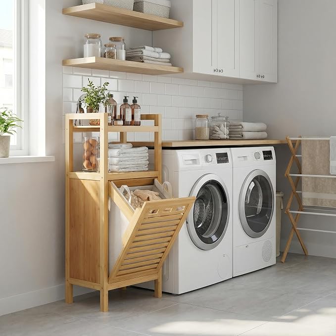 Homykic Tilt Out Laundry Hamper, 10 Gal Bamboo Laundry Storage Cabinet with Removable Basket, Hidden Hamper Organizer with Shelf for Dirty Clothes, Bathroom, Laundry Room, Space Saving, Natural