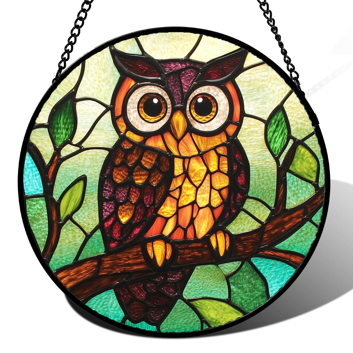 HWRHTR Stained Glass Window Hanging - Owl on a Branch Suncatcher for Doors Window Home Orange Brown Sun Catchers Decor Christmas Mother's Day Birthday Gifts for Teacher Women Men Mom Nana 7.8 in