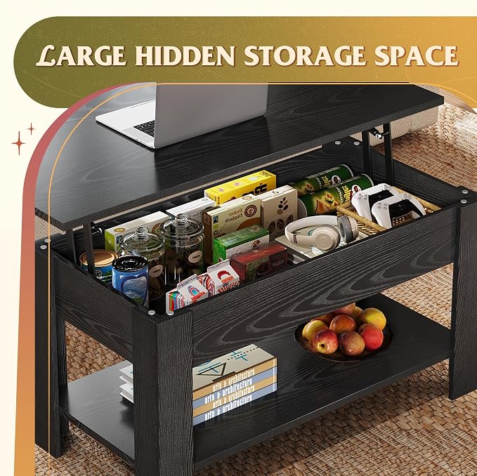 WLIVE Coffee Table, 39" Lift Top Coffee Table with Hidden Compartment, Storage Shelf and Lifting Top for Home Living Room, Office and Reception Room, Black Oak