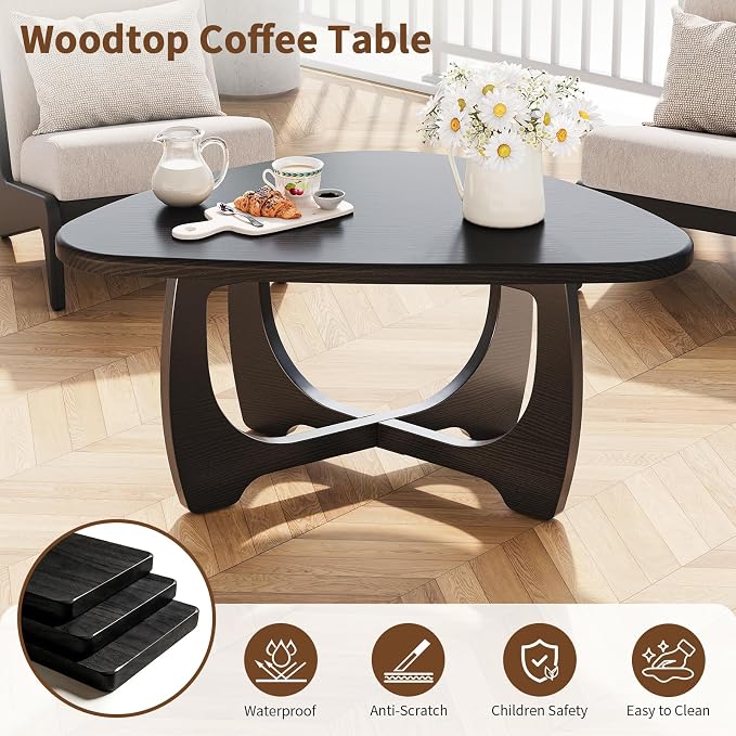 Coffee Table for Living Room - Mid Century Modern Coffee Tables with Triangle Top, Unique Small Round Coffee Table, Wood Oval Tea Table with Solid Legs for Bedroom, 35.8"x 22.5" x 16.2" Black
