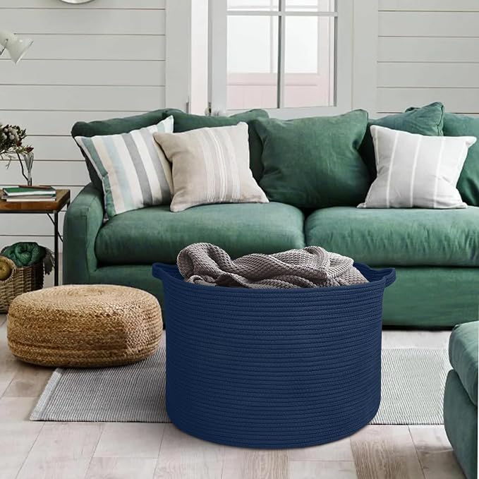 MEGASKET Dark Blue Basket for Organizing, 22" x 14" Extra Large Woven Cotton Rope Laundry Basket, Blanket Storage for Living Room Bedroom, Big Nursery Kids Toy Box Organizer, Pool Towel Storage Bin