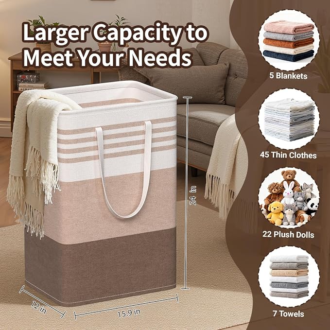 WOWBOX 2 Pack Laundry Baskets, Laundry Hampers, Freestanding Dirty Clothes Hampers with Reinforced Handles & Cross Stitch & Waterproof Coating, for Laundry Bedroom Bathroom Dorm,75L Khaki