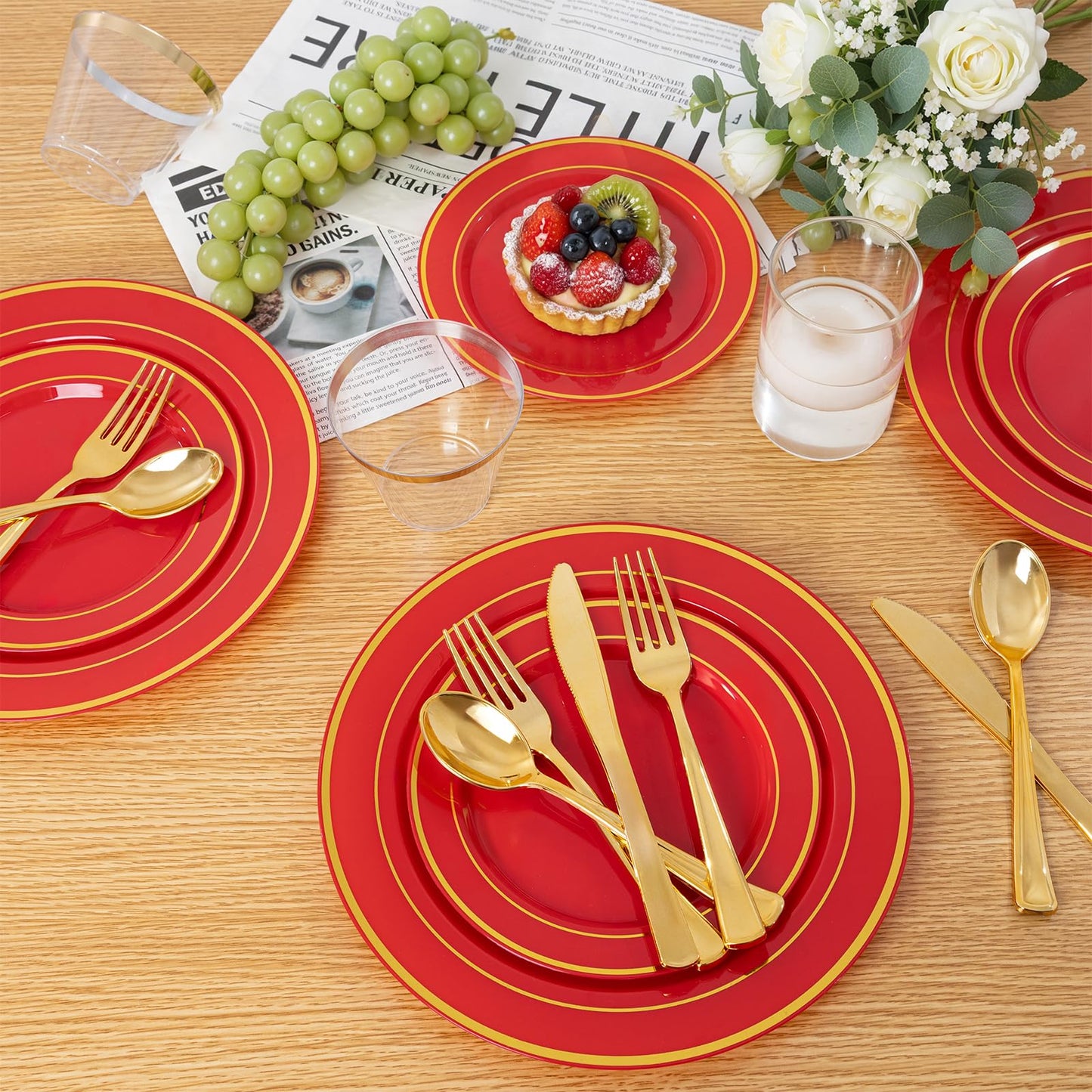 WDF Partyware 350Pieces Red Plastic Plates with Gold Rim Include 50Dinner Plate 10inch 50Dessert Plate 7inch 50 gold Cups 9 OZ, 50 Pre Rolled Napkins for Party/Baby Shower/Wedding/Spring/Mother's Day