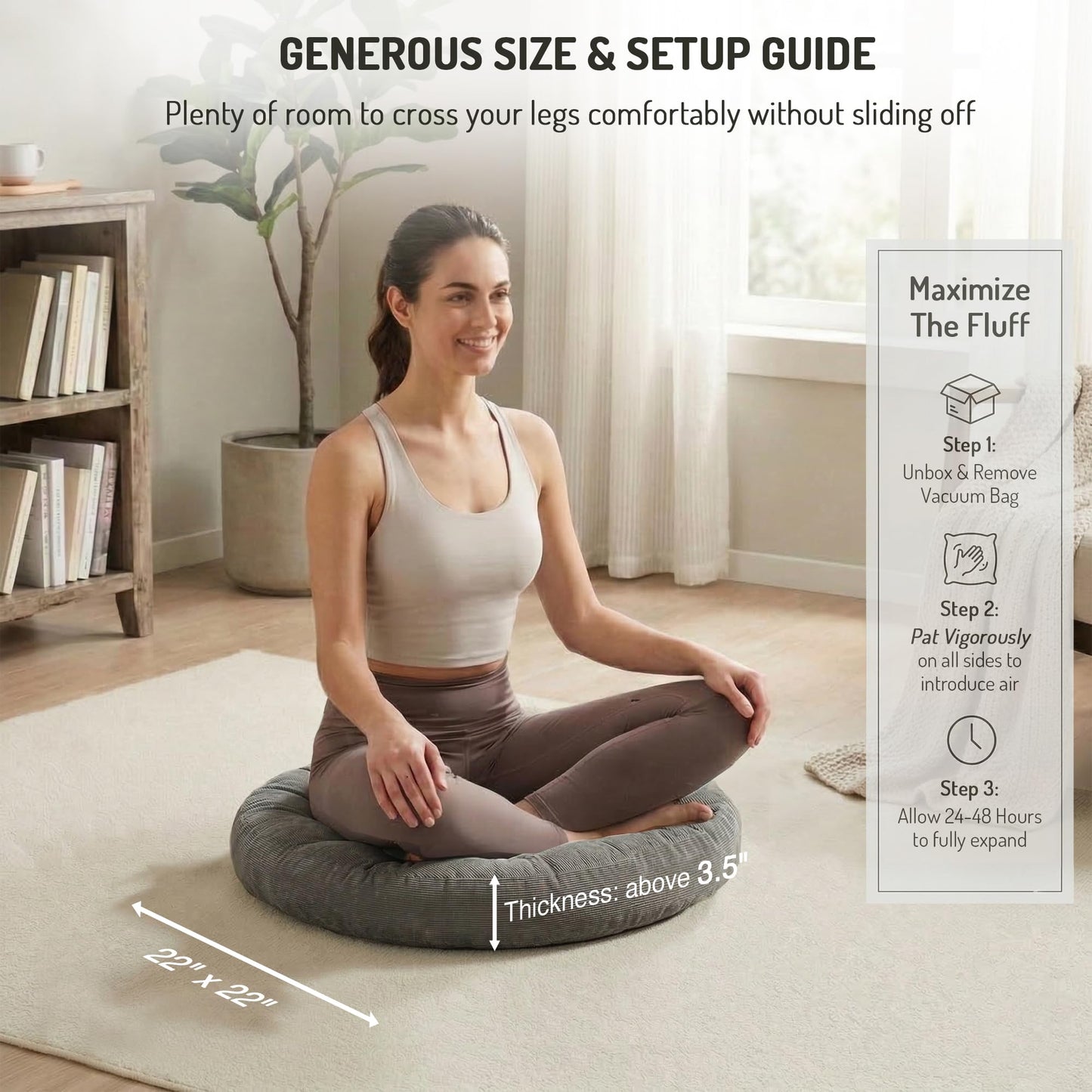 Degrees of Comfort Meditation Floor Pillow, Round Large Pillows Seating for Adults, Tufted Corduroy Cushion for Tatami Living Room, Grey, 22 Inch