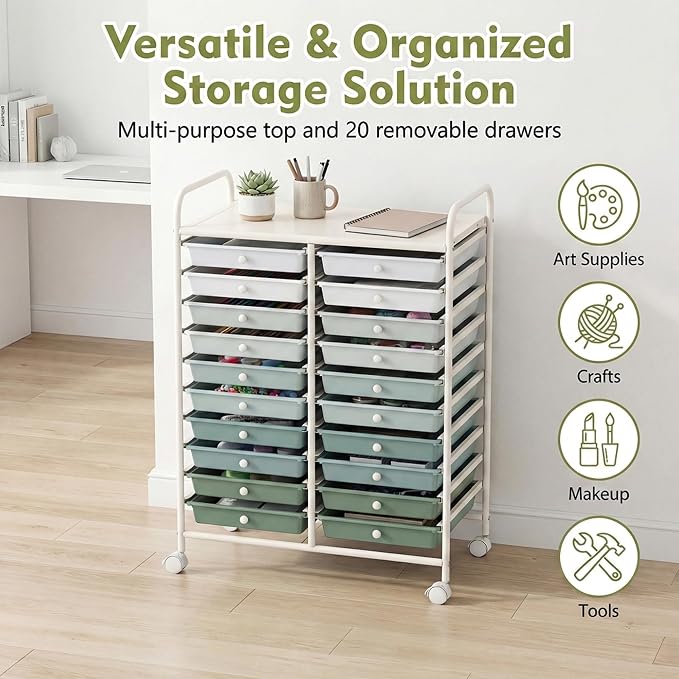 COSTWAY 20-Drawer Rolling Storage Cart, Utility Storage Organizer Cart for Tools, Scrapbook, Paper, Craft, Multipurpose Storage Trolley on Wheels for Home Office School