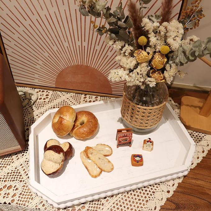 Hrastany Whitewashed Wood Serving Tray with Beads, Farmhouse Decorative Tray for Table Centerpiece, Christmas Wedding Halloween Home Decor