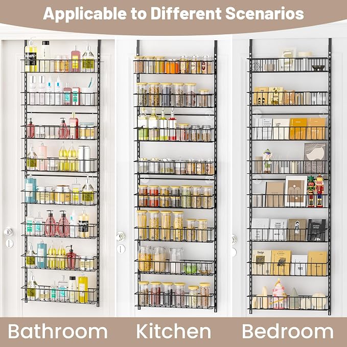 ElegantArray 8-Tier Pantry Door Oragnizer, Over The Door Pantry Organizer Rack and Storage, Hanging Spice Rack Shelves Door, Home Office Laundry Room Bathroom & Kitchen Organization Essentials Metal