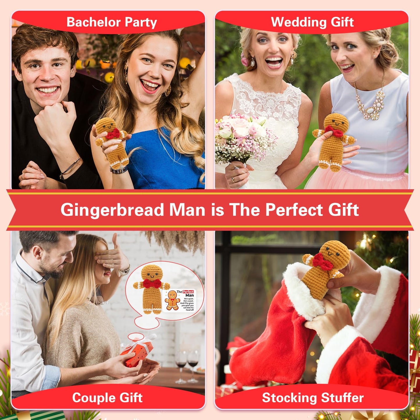 A AIFAMY Positive Gingerbread Doll Funny Handmade Crochet Christmas Stuffed Animals with Affirmation Card for Christmas Decor Gag Gift