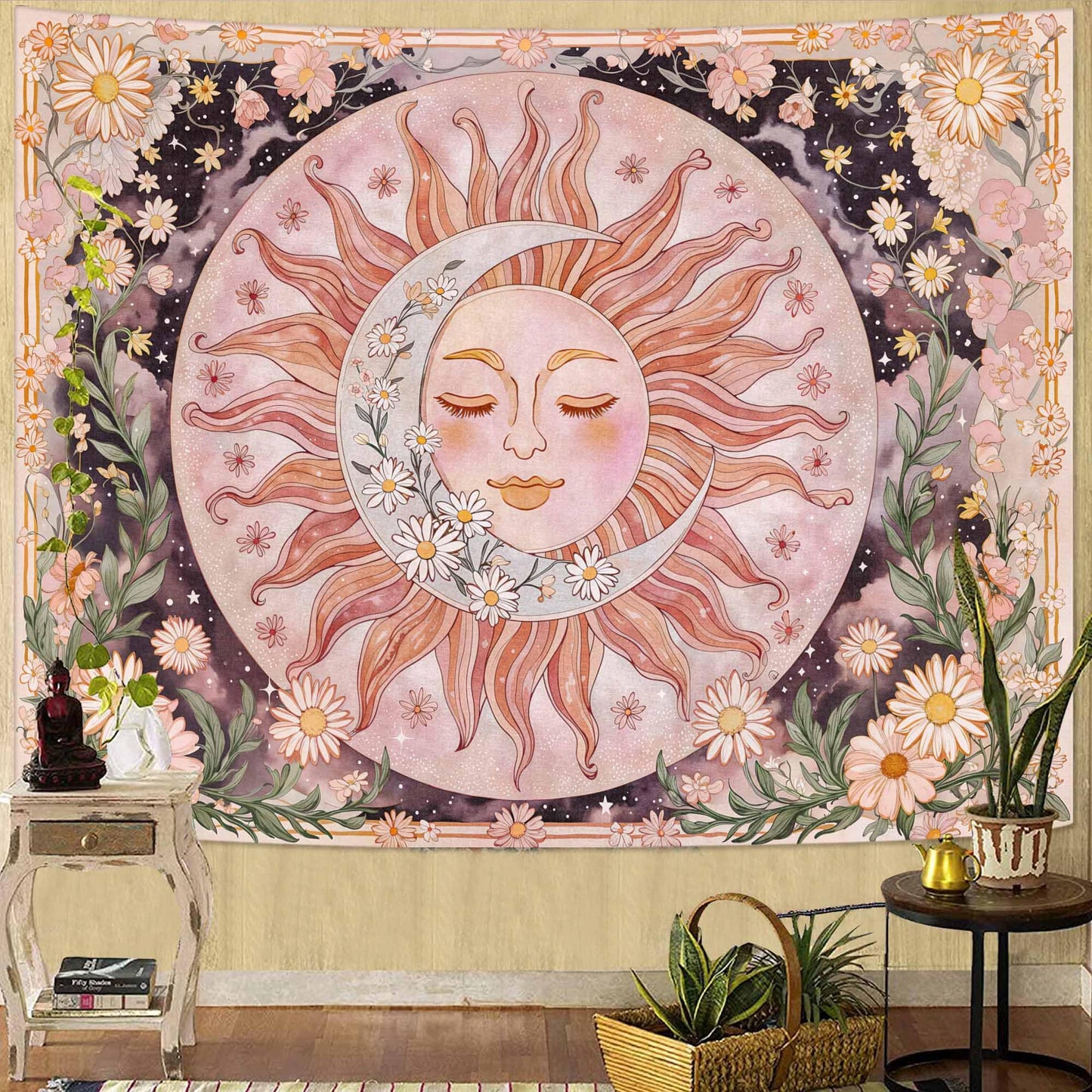 Neasow Sun Moon Daisy Tapestry, Boho Aesthetic Floral Wall Art, Pink Hippie Decor for Living Room Bedroom Home, 36x48 inches