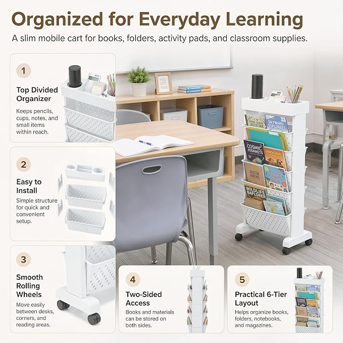 6-Tier Bookshelf, Book Storage Organization with Wheels Mobile Rolling Bookshelves Cart for Home Office Kids’ Study Room School, White