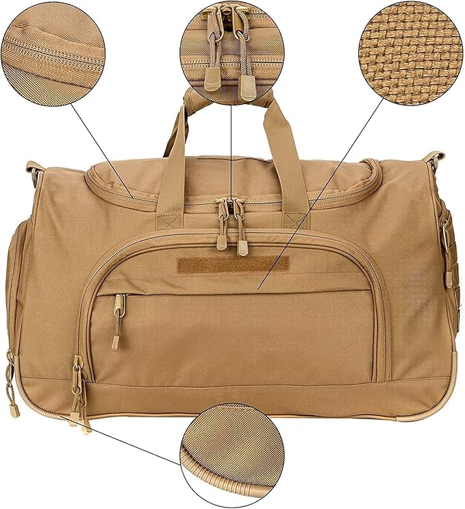 Gym Bag for Women & Men Tactical Duffle Military Weekender Work Out Lightweight Waterproof Sports Tote Shoe Pocket Tan