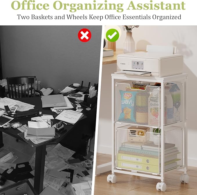 Rolling File Cart with 2 Storage Drawers,Under Desk Storage Cart,Hanging File Folder Organizer with Wheels, Filing Cabinet Mobile Printer Stand Utility Craft Cart for Home Office,White