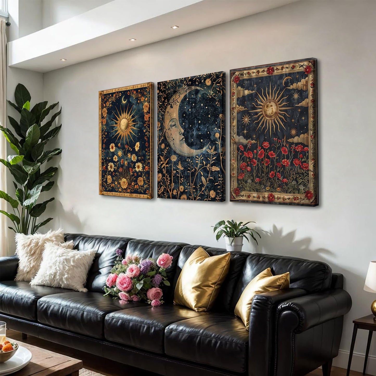 3pcs Sun and Moon Celestial Canvas Wall Art Tarot Crescent Moon Picture Wall Decor Gothic Wildflowers Painting Posters Print Artwork Aesthetic Dark Academia Vibe for Bedroom Home Decor(12x16in canvas)