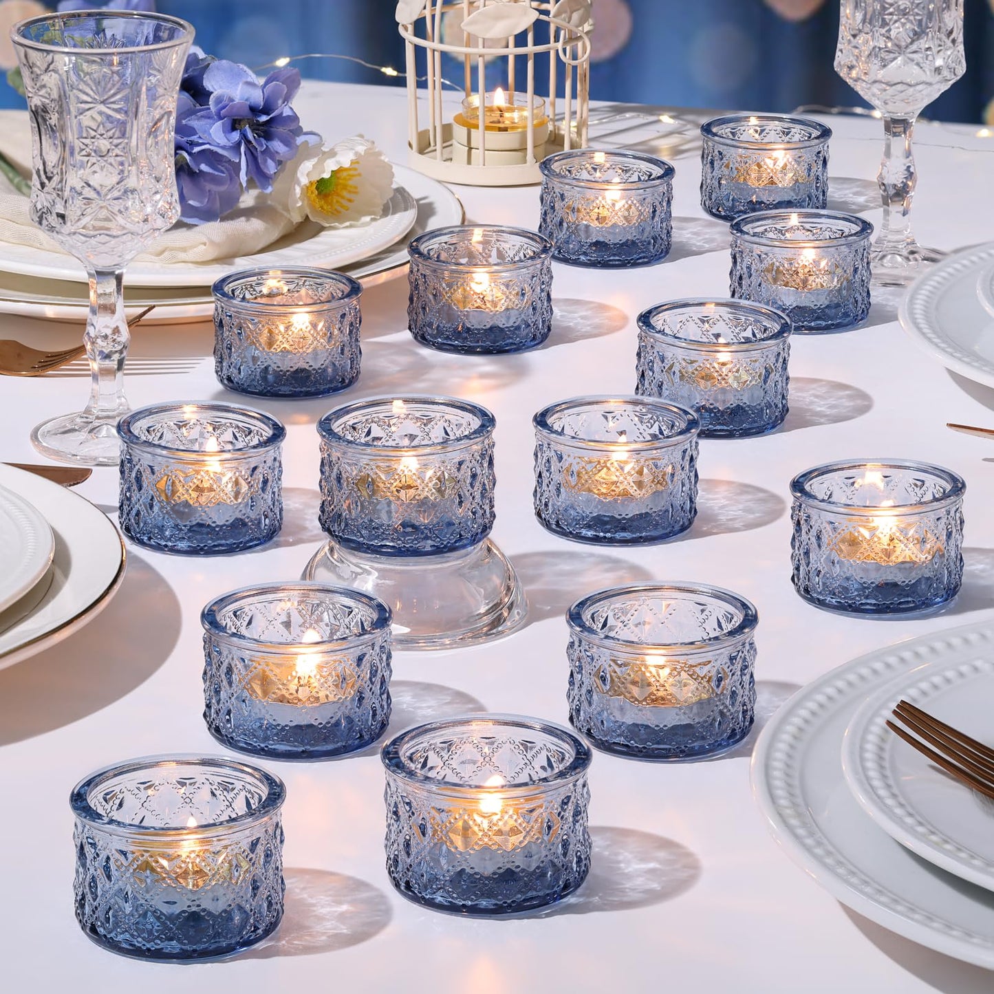 MATAHUM 24 Pack Blue Tealight Candle Holders, Diamond Glass Votive Candle Holders Bulk for Wedding Centerpieces, Beach Theme Bridal Shower, Baby Boy Shower, Birthday Party Decor