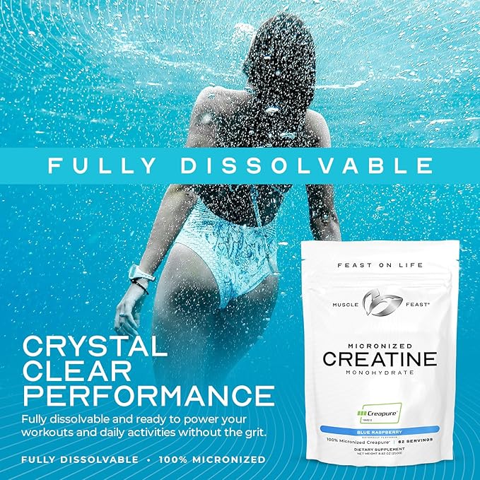 Muscle Feast Creapure - Micronized Creatine Monohydrate Powder | Premium Pre-Workout or Post-Workout | Creatine for Women & Men | Easy to Mix, Vegan, Gluten-Free, Safe and Pure (Unflavored, 250g)