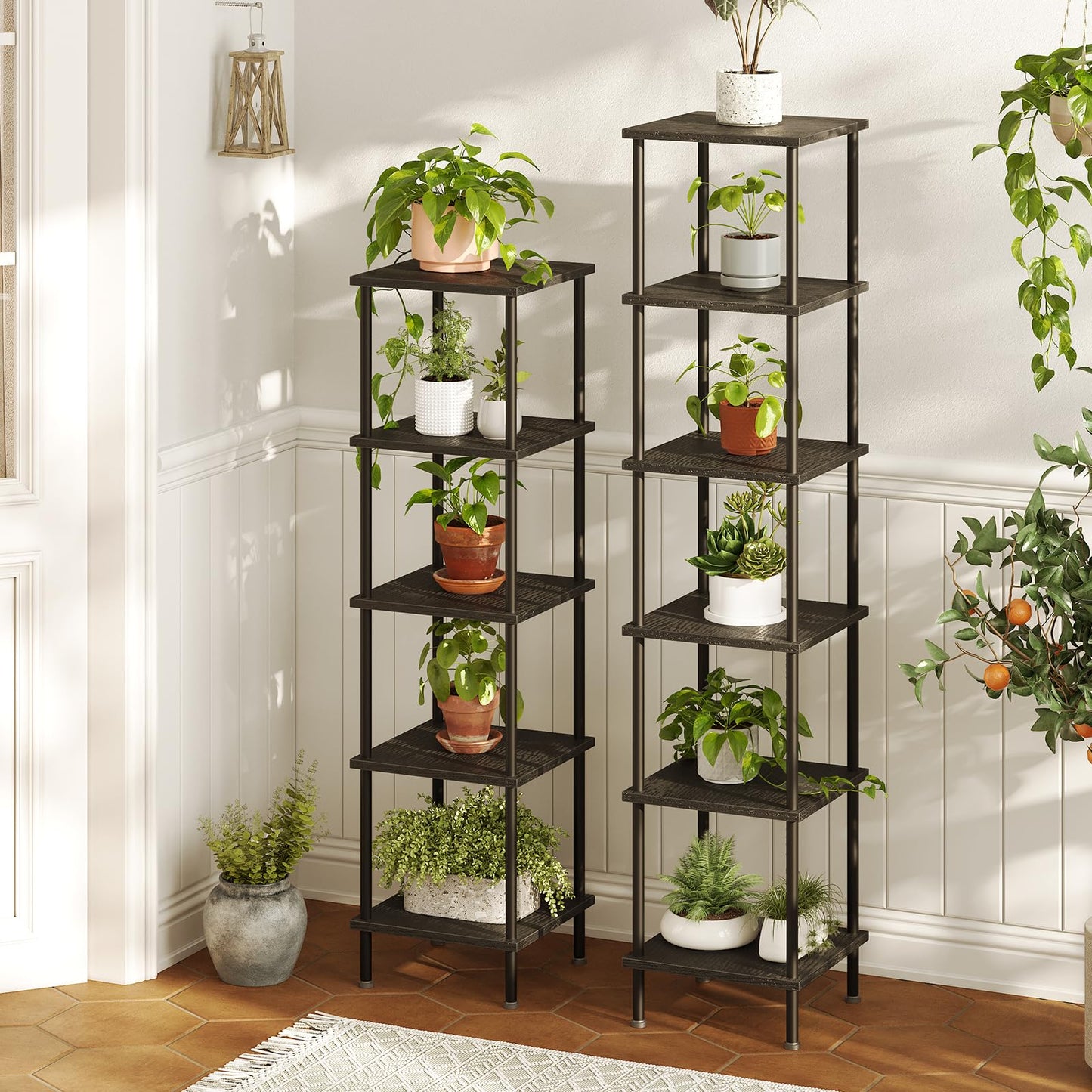 HOOBRO 5-Tier Corner Shelf Stand, Corner Square Rack Display Shelf, Tall Storage Rack Plant Stand, Corner Bookcase for Small Spaces, Living Room, Home Office, Kitchen, Black BK50CJ01