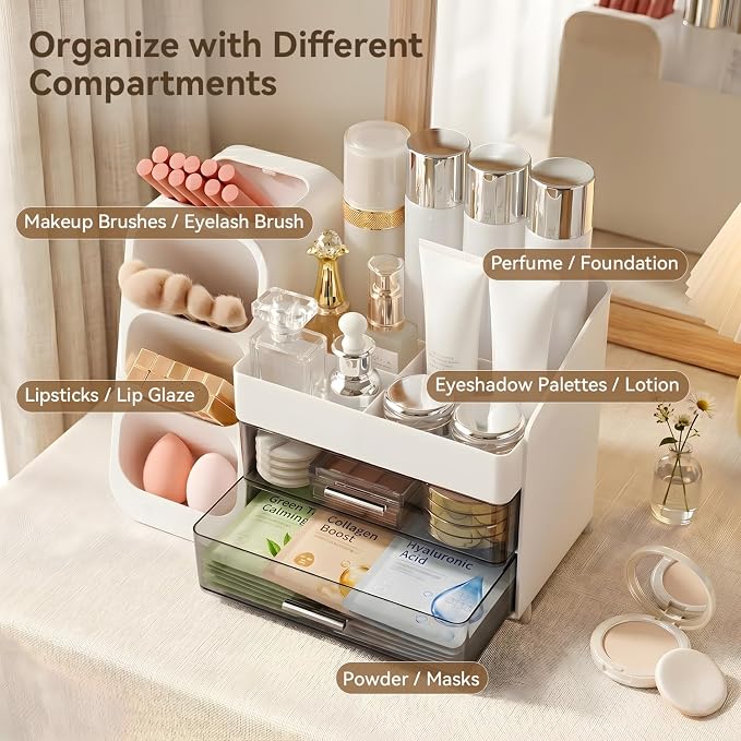 Brothersbox Makeup Organizer with Brush Holder for Vanity, Large Countertop Skincare Storage with 2 Drawers, Holds Lipsticks, Nail Polishes, Perfumes, Brushes - Gift for Women, White