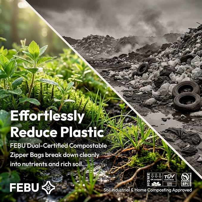 FEBU Gallon Compostable Food Storage Bags, 60 Count | Certified Home Compostable & Biodegradable | PFAS & BPA Free Zipper Bags | Leak-Proof & Resealable | 10.56” x 10.75”