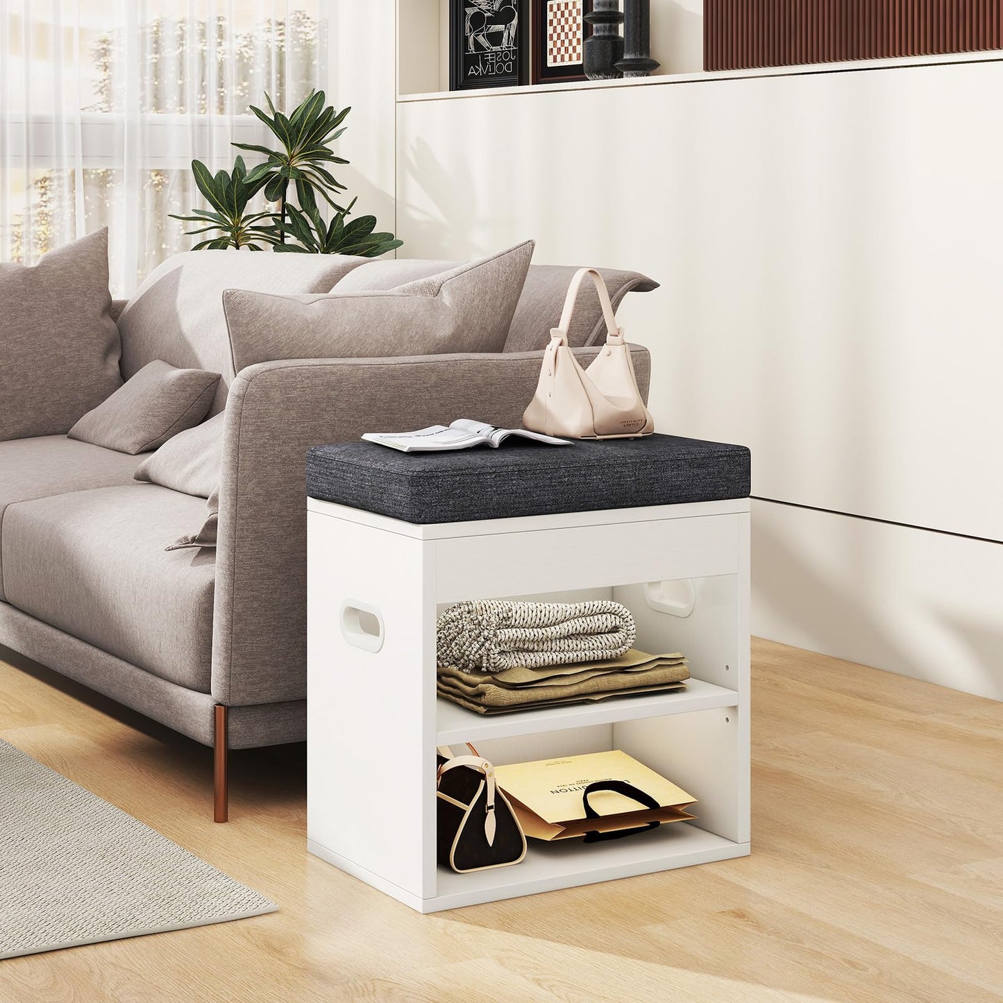 YMYNY Small Shoe Storage Bench with Cushion and Drawer, 2 Tier Adjustable Entryway Bench with Storage, Wooden Shoe Rack Bench for Entryway, Living Room, Hallway, Closet, Bedroom, White, HSC002W