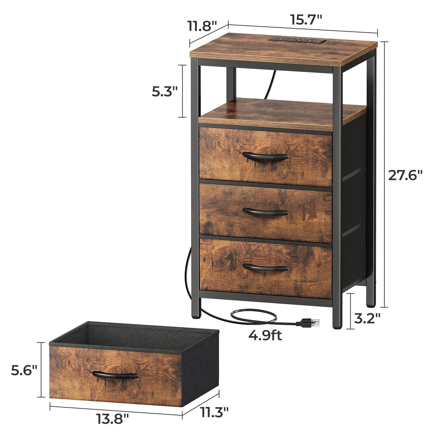 Huuger Nightstand with Charging Station, 27.6 Inch Bedside Table with Fabric Drawers, End Table with USB Ports and Outlets, Night Stand for Bedroom, Rustic Brown