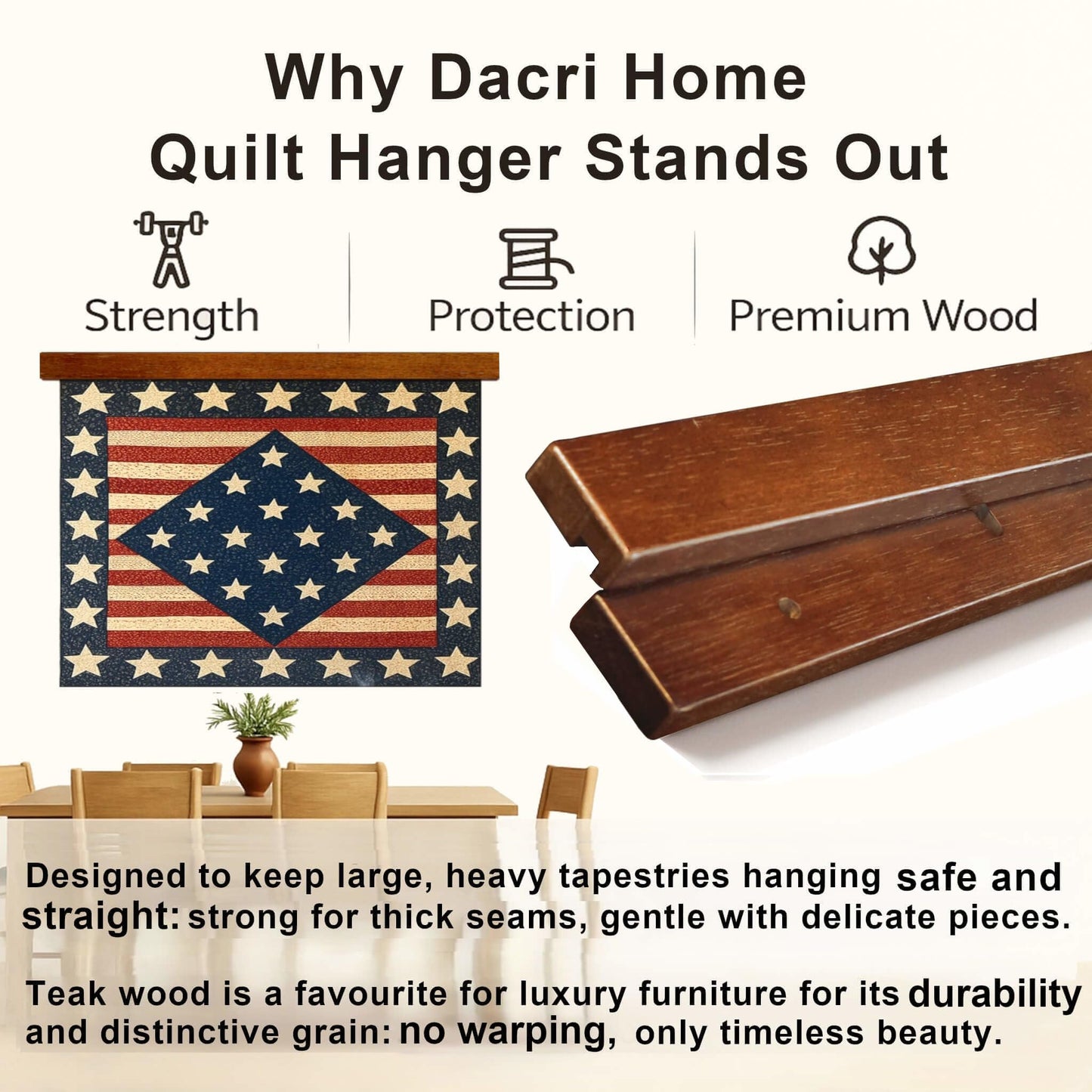 Dacri Home Quilt Hanger for Wall Display - 60 Inch Tapestry Hanger from Premium Teak Wood - Safe Mount Quilt Rack for Heavy Rugs, Tapestries, and Other Wall Hangings (60", Light Wallnut Stain)
