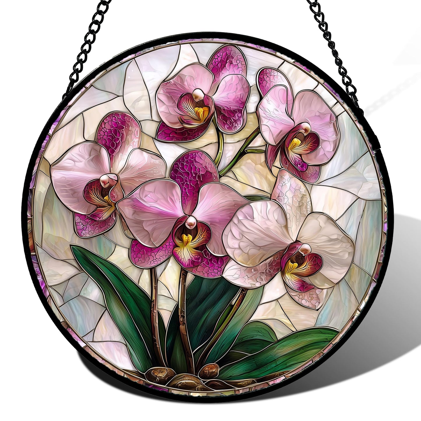 AMDERVEN Stained Glass Window Hanging - Pink Purple Phalaenopsis Flowers Sun Catcher for Door Home Decor Plant Suncatcher Christmas Mother's Day Birthday Gifts for Women Men Mom Nana 6.3 in
