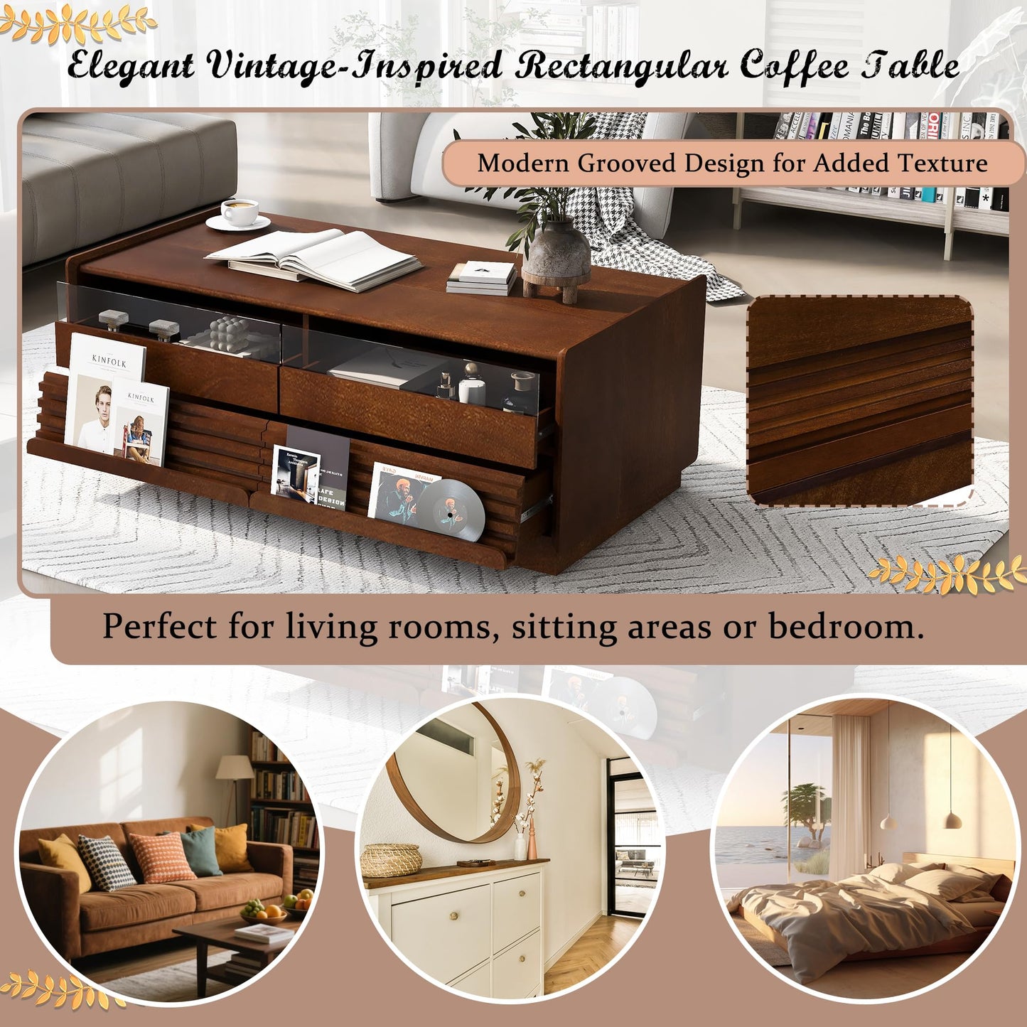 Merax Modern 47.2" Rectangle Coffee Table with 4 Drawers and 2 Display Shelves, Wood Fluted Style Center Tables w/Tempered Glass for Living Room Reception Room, Brown