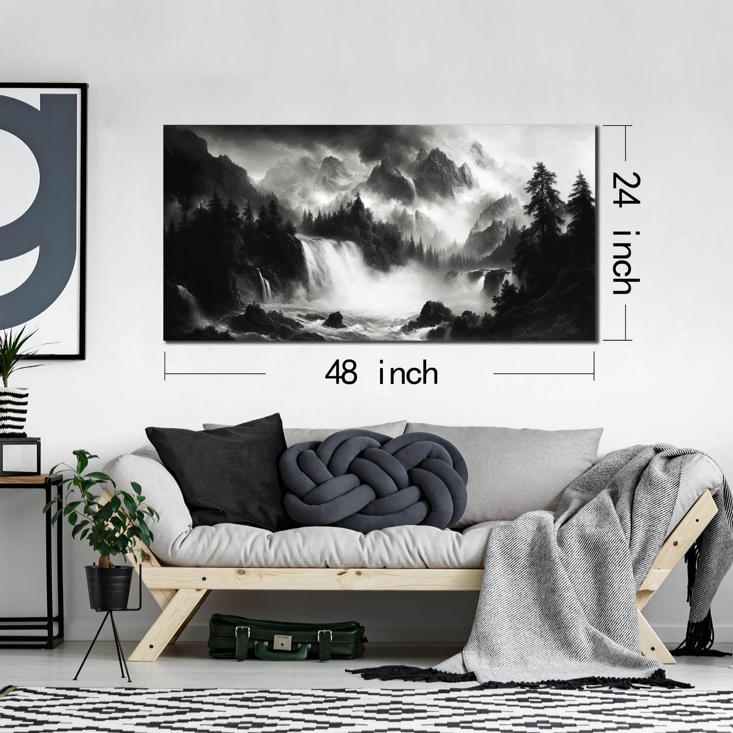 CPKATMT Waterfall Wall Art for Bedroom Black and White Tree Wall Decor for Office Natural Landscape Wall Pictures for Living Room 24 x 48 Inch