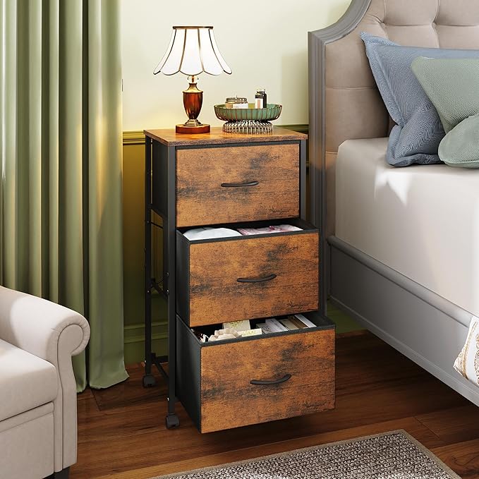 WLIVE Dresser with 3 Drawers, Fabric Nightstand, Cabinet with Wheels, Organizer Storage Dresser for Bedroom, Office, Closets, Sturdy Steel Frame, Easy Pull Handle, Rustic Brown Wood Grain Print