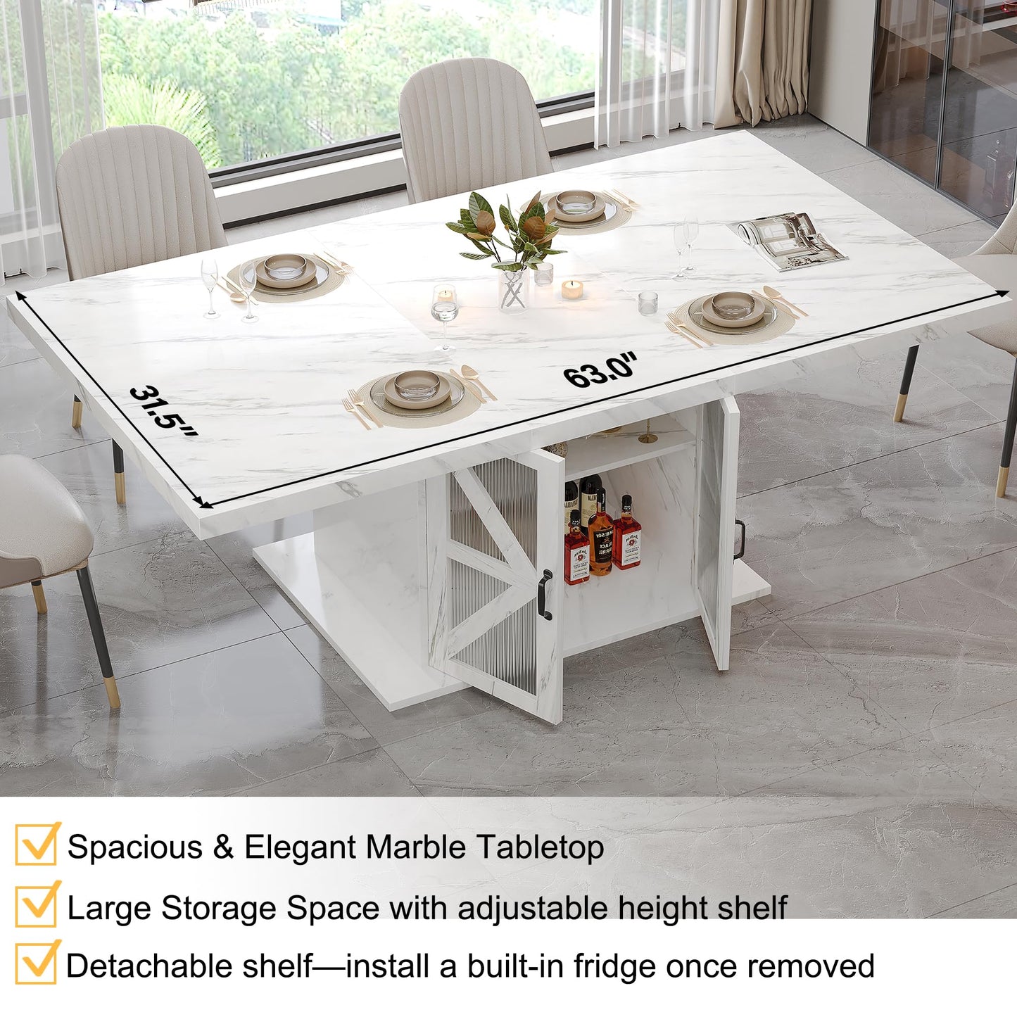 LVB Modern Dining Table for 4 to 6, White Rectangle Kitchen Table with Storage, Wooden Pedestal Dining Room Table with Fridge Space, Large Dinner Tables for Home,Living Room,White Faux Marble, 63 Inch