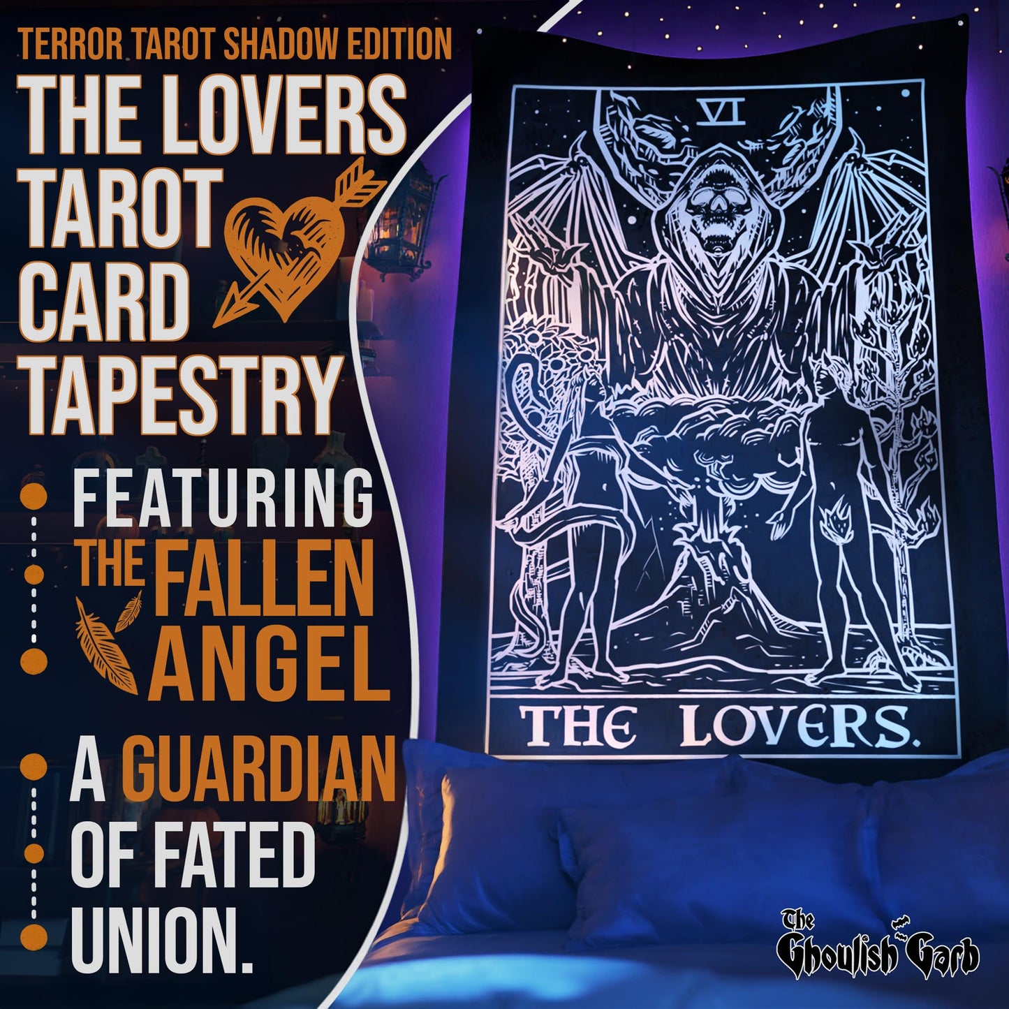 The Lovers Tarot Card Tapestry (Black & White) - Grim Reaper - Gothic Couple Halloween Home Decor Wall Hanging (60" x 50")