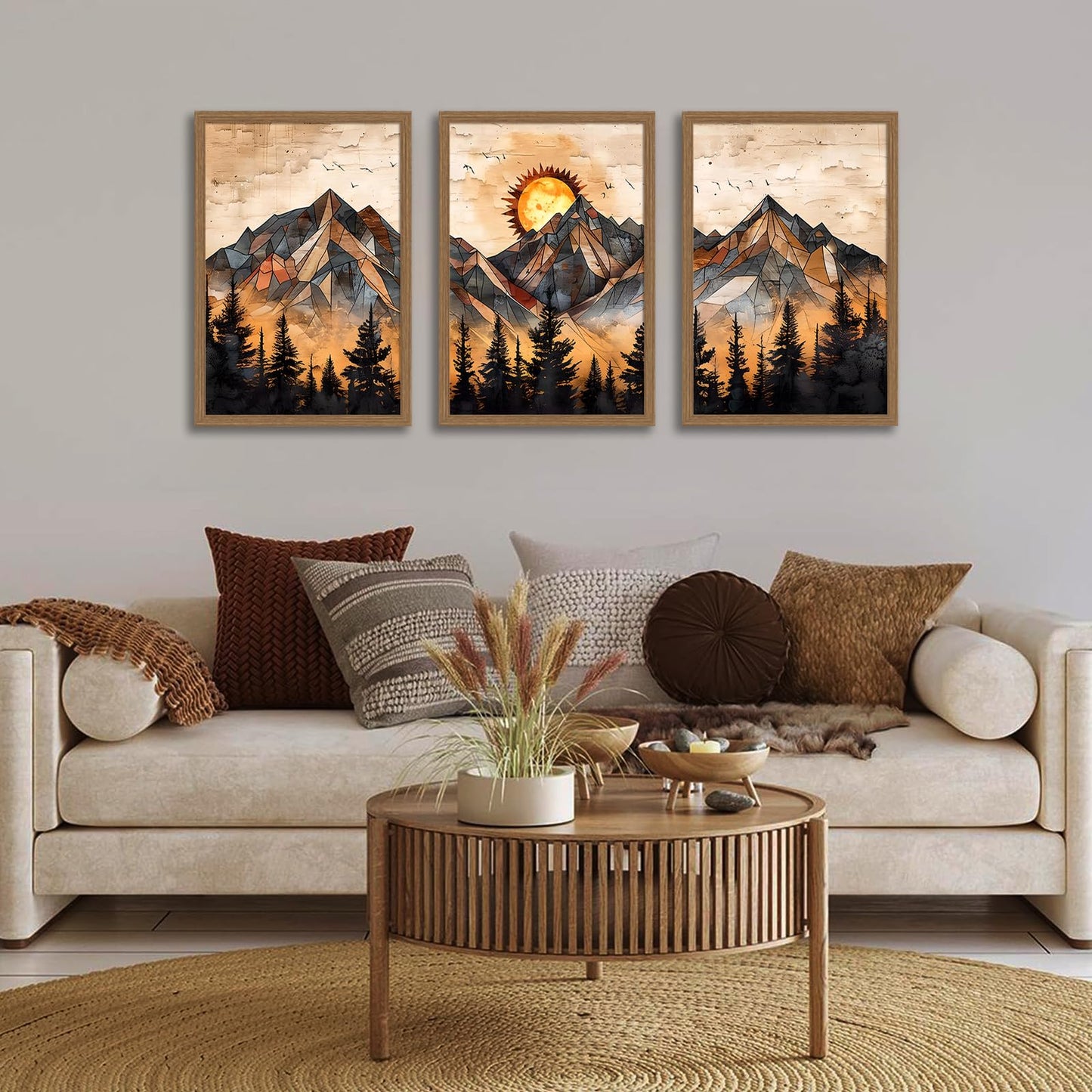 soonkiss Warm Tone Geometric Mountain Wall Art Set of 3, Abstract Sunset Forest Canvas Prints, Boho Nature Wall Decor for Living Room Bedroom Office 12x16 Inch