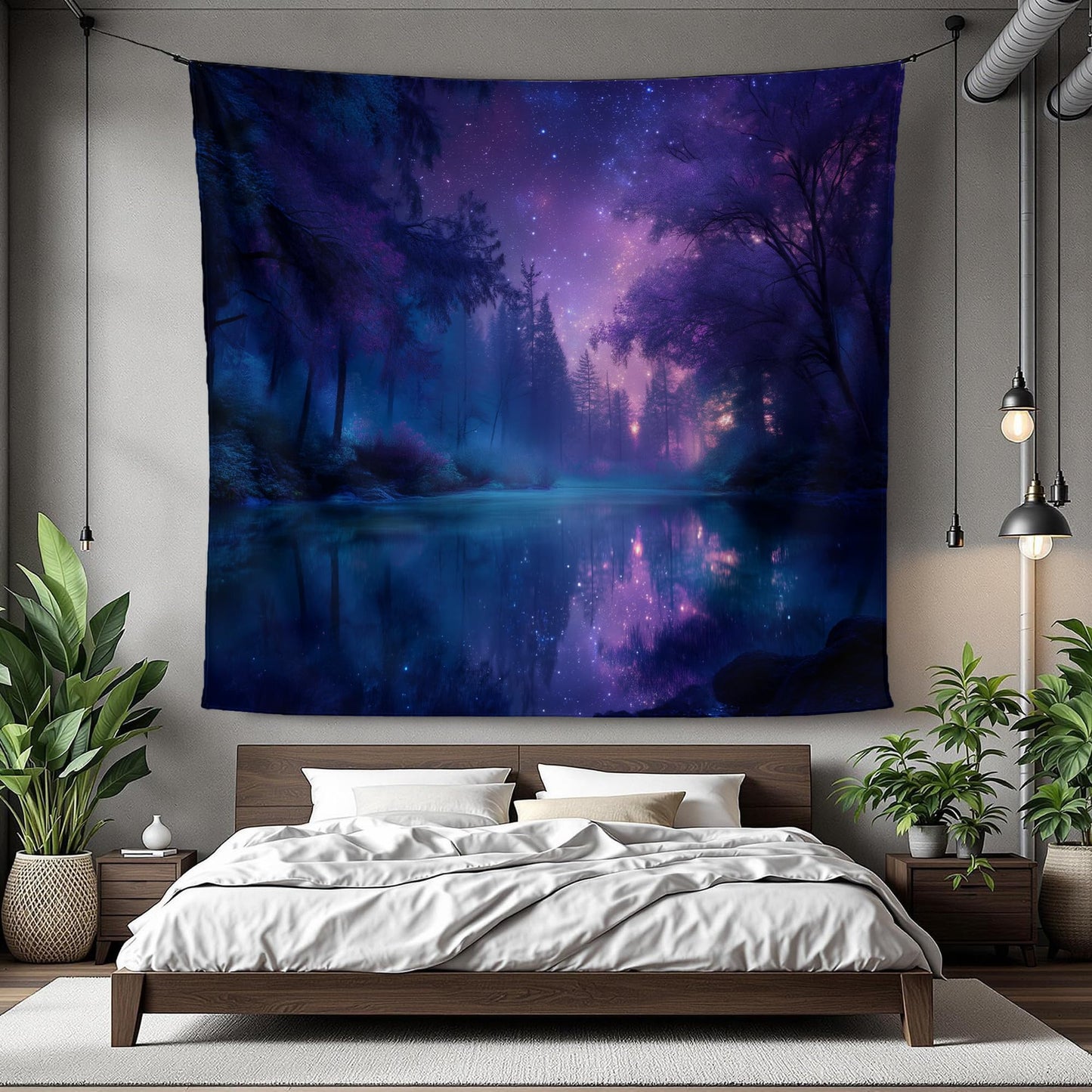 Xolytar Purple Galaxy Forest Tapestry - Starry Night Sky with Misty Trees & Lake Reflection, Dreamy Indie Aesthetic, Cosmic Wall Art for Teen Girls Bedroom Dorm Decor (50x60)
