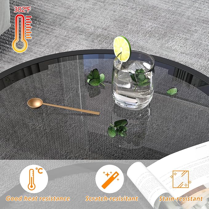 Glass Coffee Table Modern Center Table,Minimalist Round Coffee Tea Table,Tempered Glass-top with Sturdy Metal Frame for Living Room Bedroom Office and Small Space, 27 x 27 x 17 Inch,Gray Black